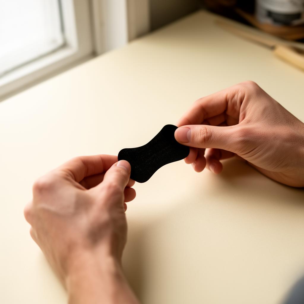 Hands inspecting an EasyBreath mouth tape strip